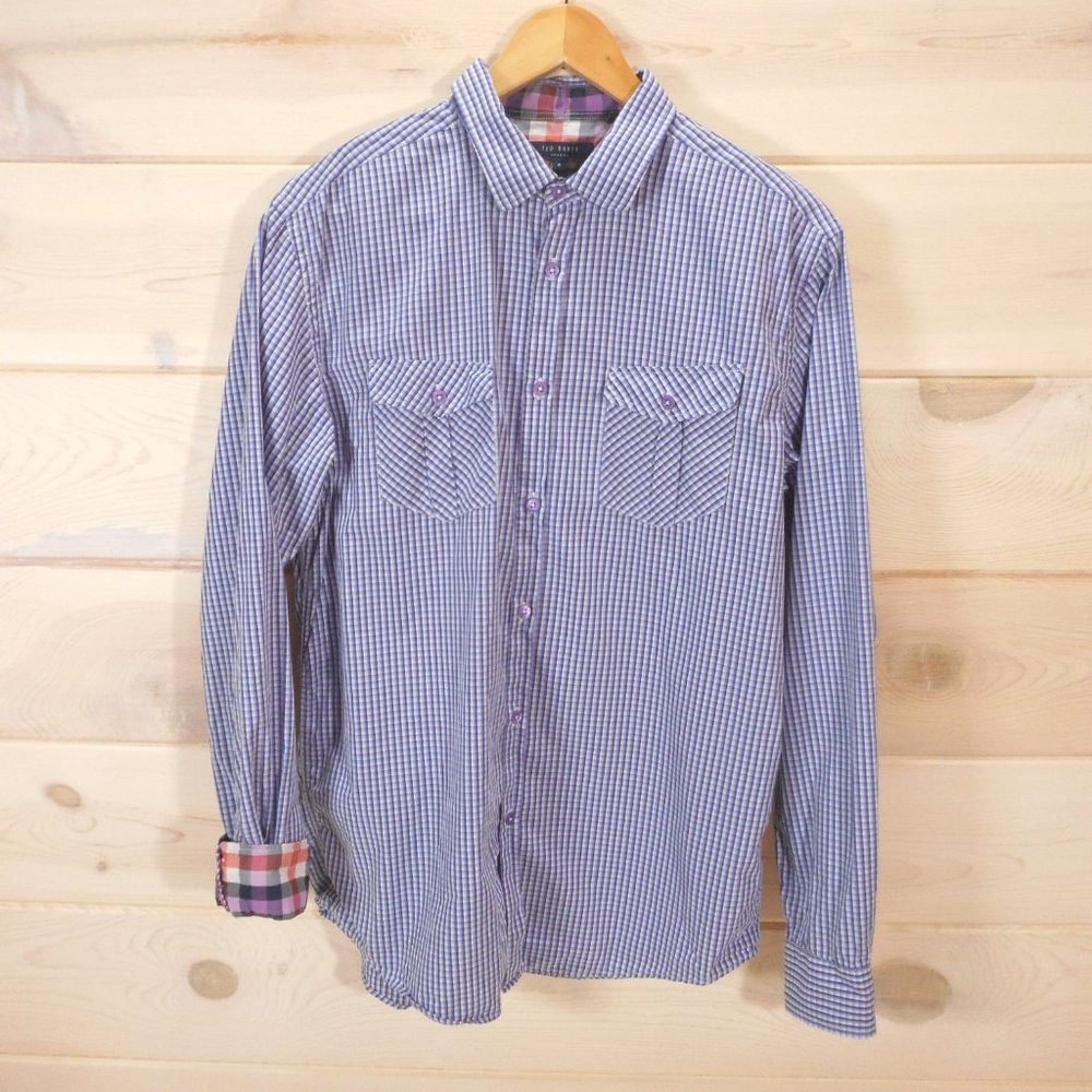 Ted Baker Button Front Shirt Men Sz 4 Indigo Long Sleeve Cotton Plaid Flip Cuff